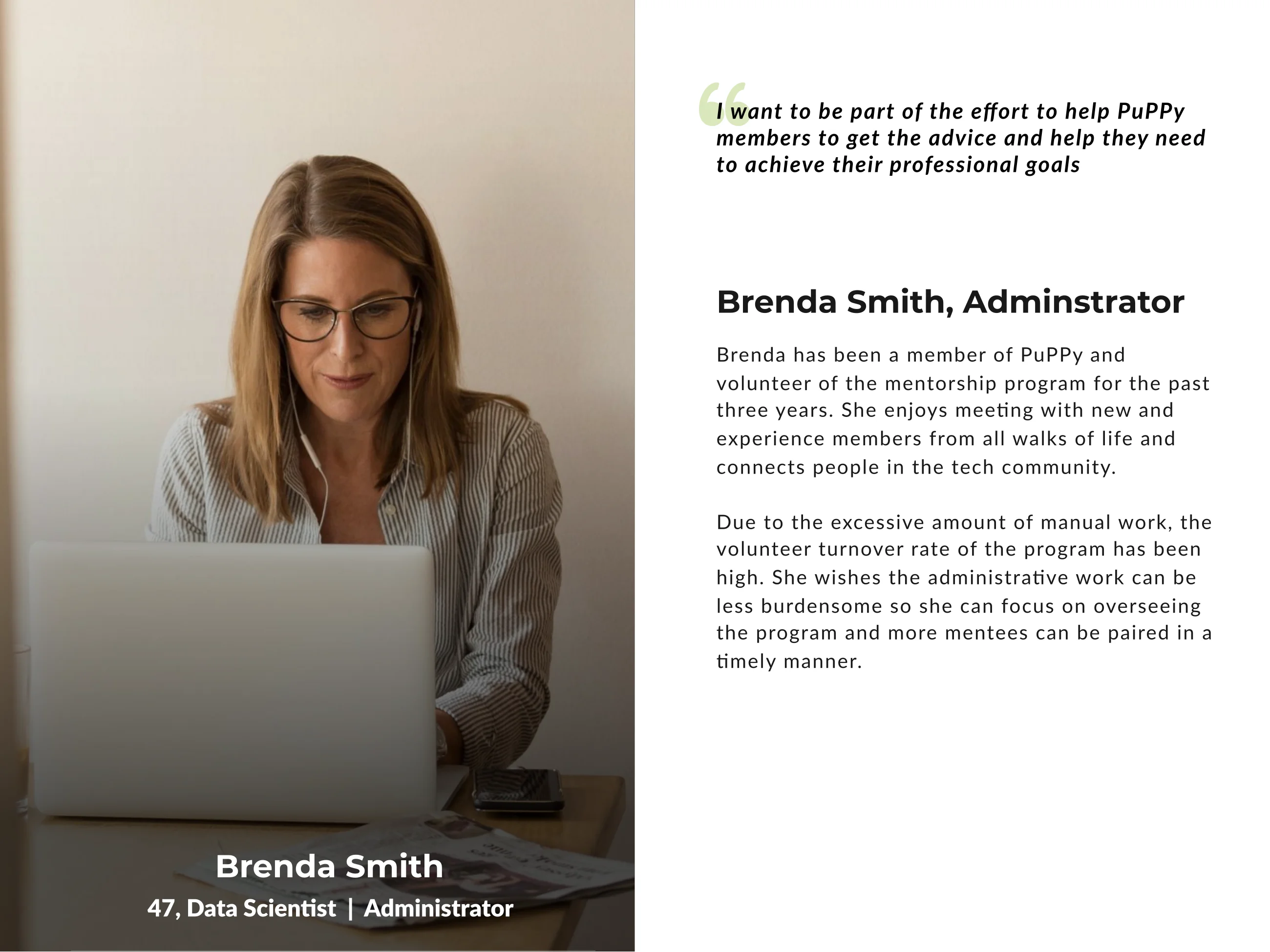 Brenda, Administrator — persona card with quote and bio