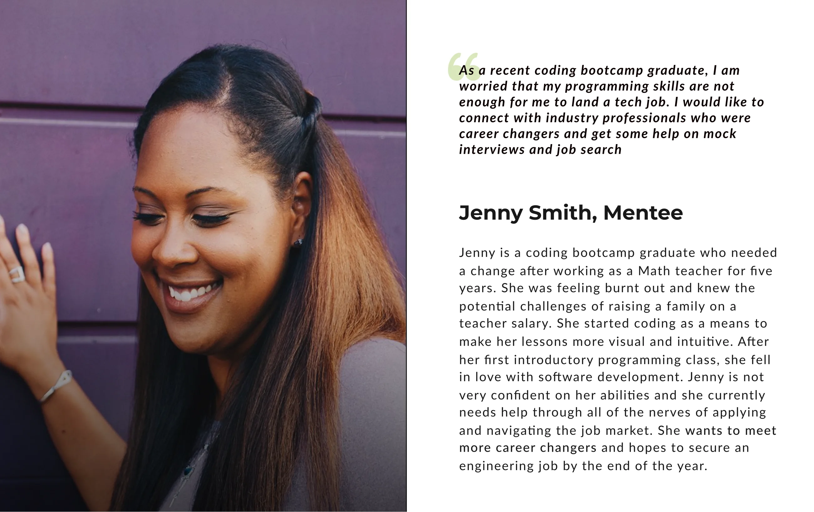 Jenny Smith, Mentee — persona card with quote and bio